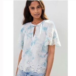 ANTHROPOLOGIE Olivia Embroidered Tie-Dye Blouse Top New Size M blue white